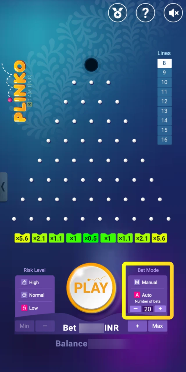 The interface for setting and adjusting your bet amount in the Plinko game on Parimatch.