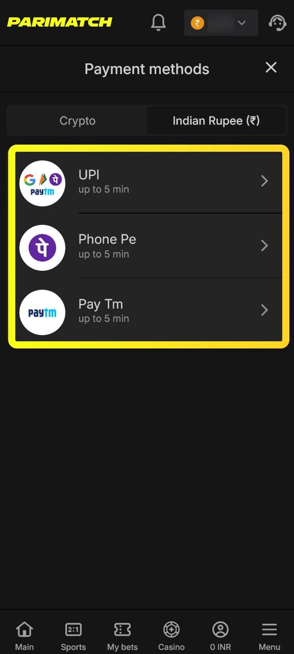 Top up your account using local payment methods in the Parimatch app.
