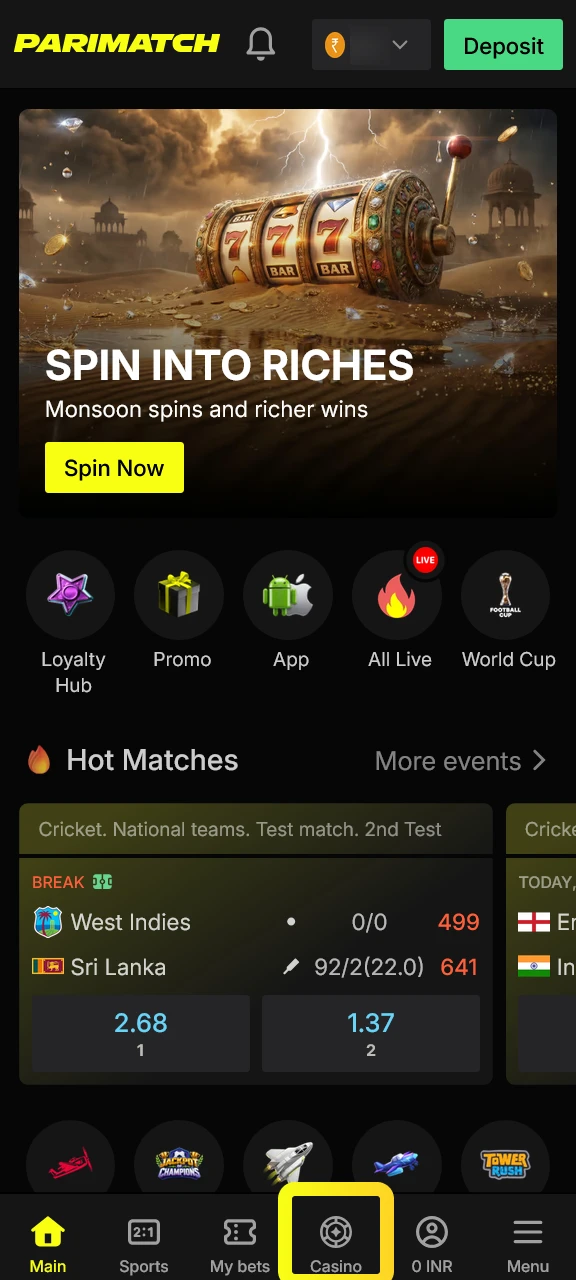 Navigate to the entertainment section of the Parimatch app to find a game.