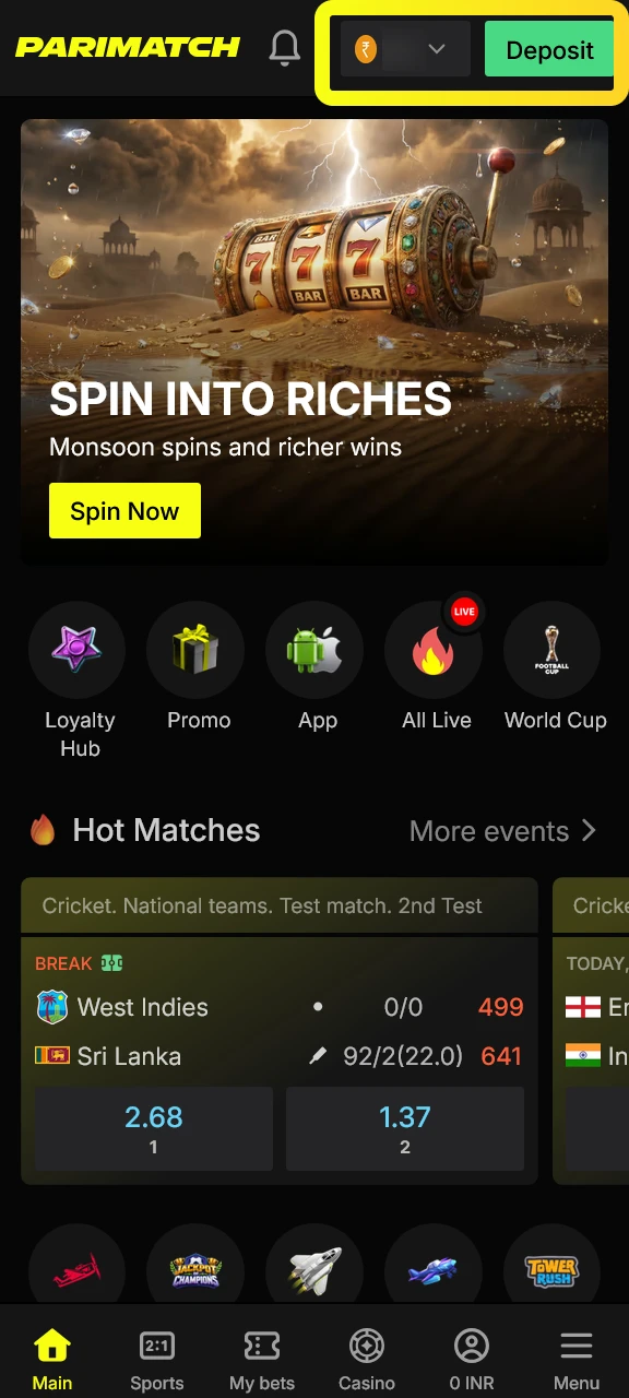 Fund your balance using local methods like UPI to start playing.