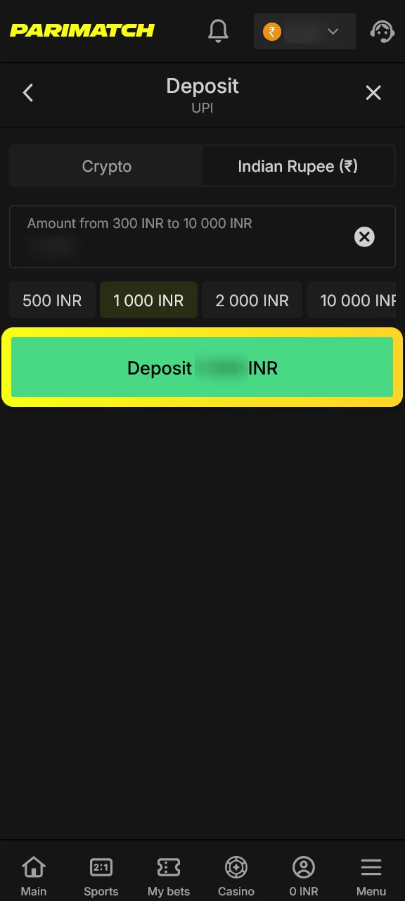 Approve the transaction quickly for deposit in the Parimatch app.
