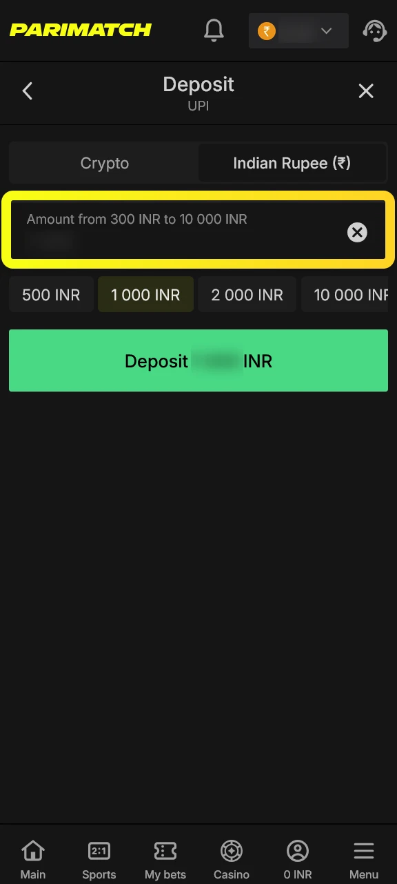 Enter your desired deposit amount to start playing on Parimatch.