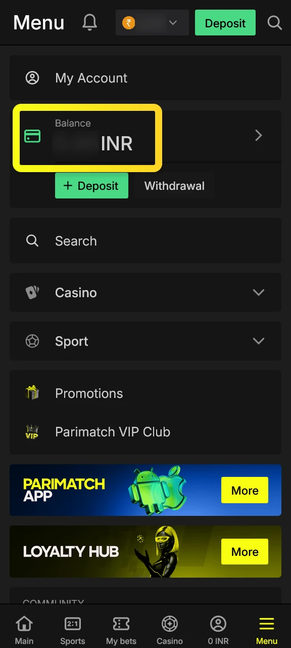 Start your withdrawal processing in the Parimatch App by accessing your balance dashboard.