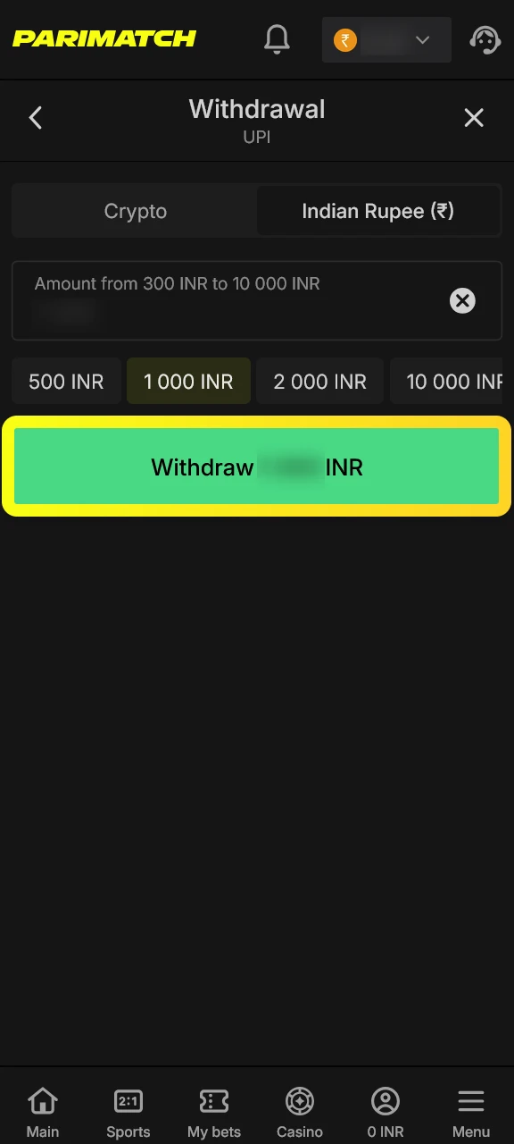 Complete your withdrawal transaction request on the Parimatch mobile betting platform.