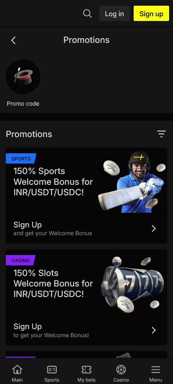 Claim the latest promotions and special offers in the Parimatch app.