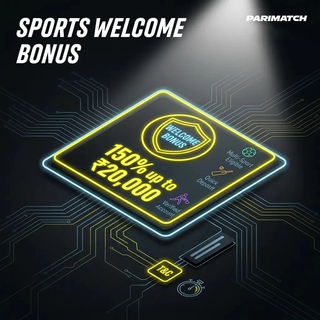 Sports Welcome Bonus 150% match on first deposit up to ₹20,000 for cricket, football, kabaddi, and tennis betting markets.