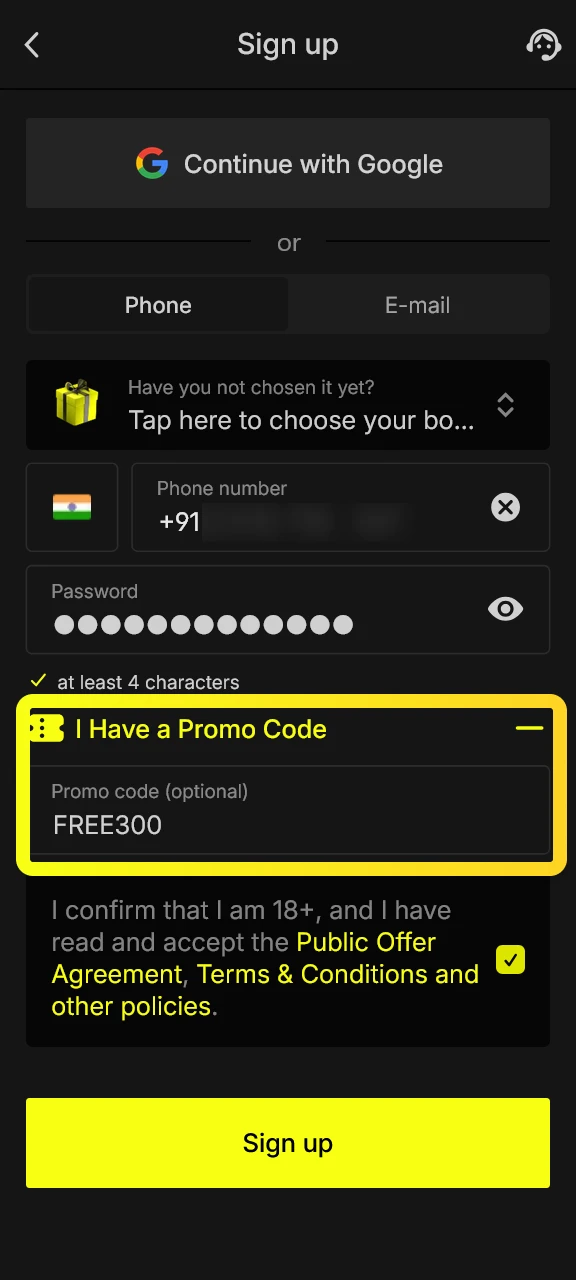 Enter the promo code in the Parimatch App to activate the offer.