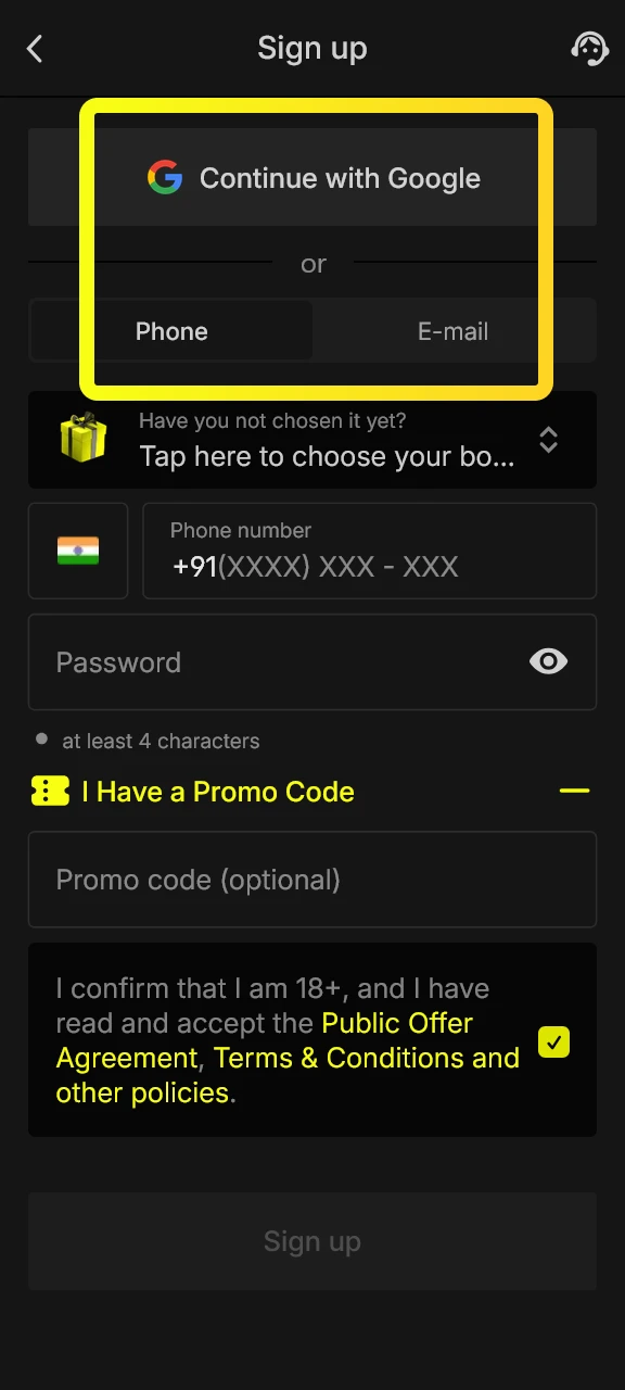 Open the Parimatch App and select your preferred signup option.